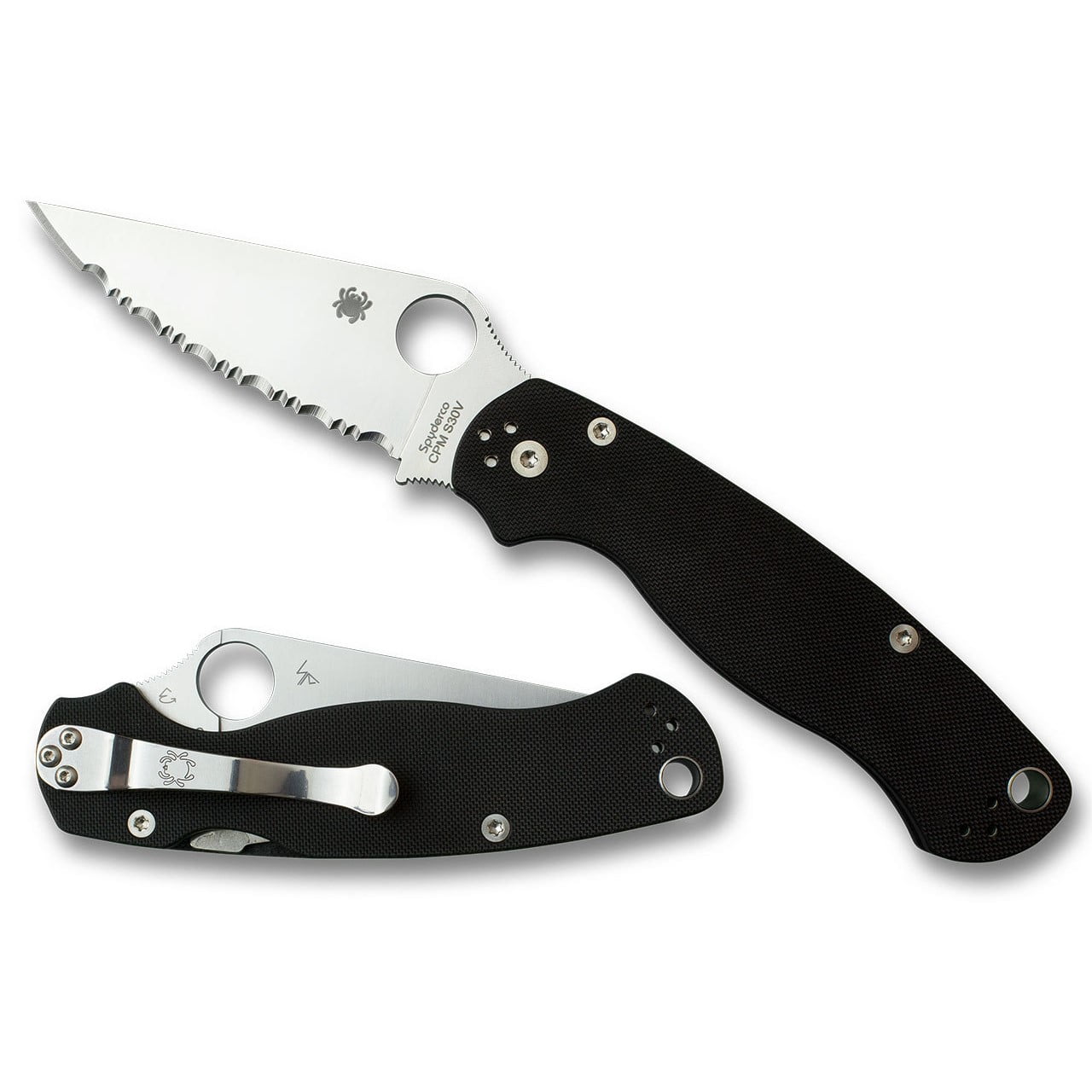 SPYDERCO PARAMILITARY 2 SATIN FINISH BLACK G-10 HANDLE – 3.44″ S30V SERRATED EDGE BLADE